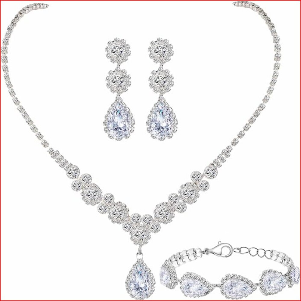 Silver Plated Cubic Zirconia Teardrop Jewelry Set Necklace Earrings Bracelet